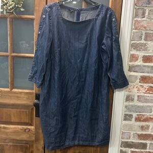 Talbots Petite Denim Dress 16P Button 3/4 Sleeve Square Neck Prairie Cottagecore